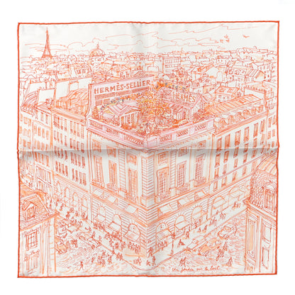 Hermes Silk Un Jardin Sur Le Toit Pocket Square White Orange Coral 1 of 3