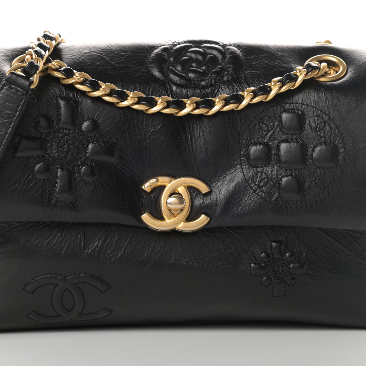 Aged Calfskin Embossed Camellia Flap Black