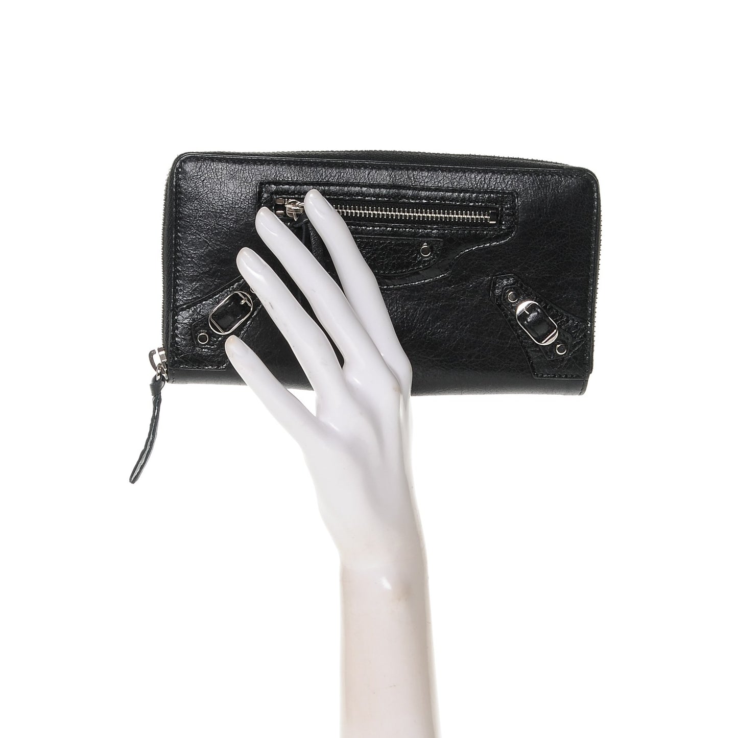 Agneau Classic Silver Hardware Continental Zip Around Wallet Black