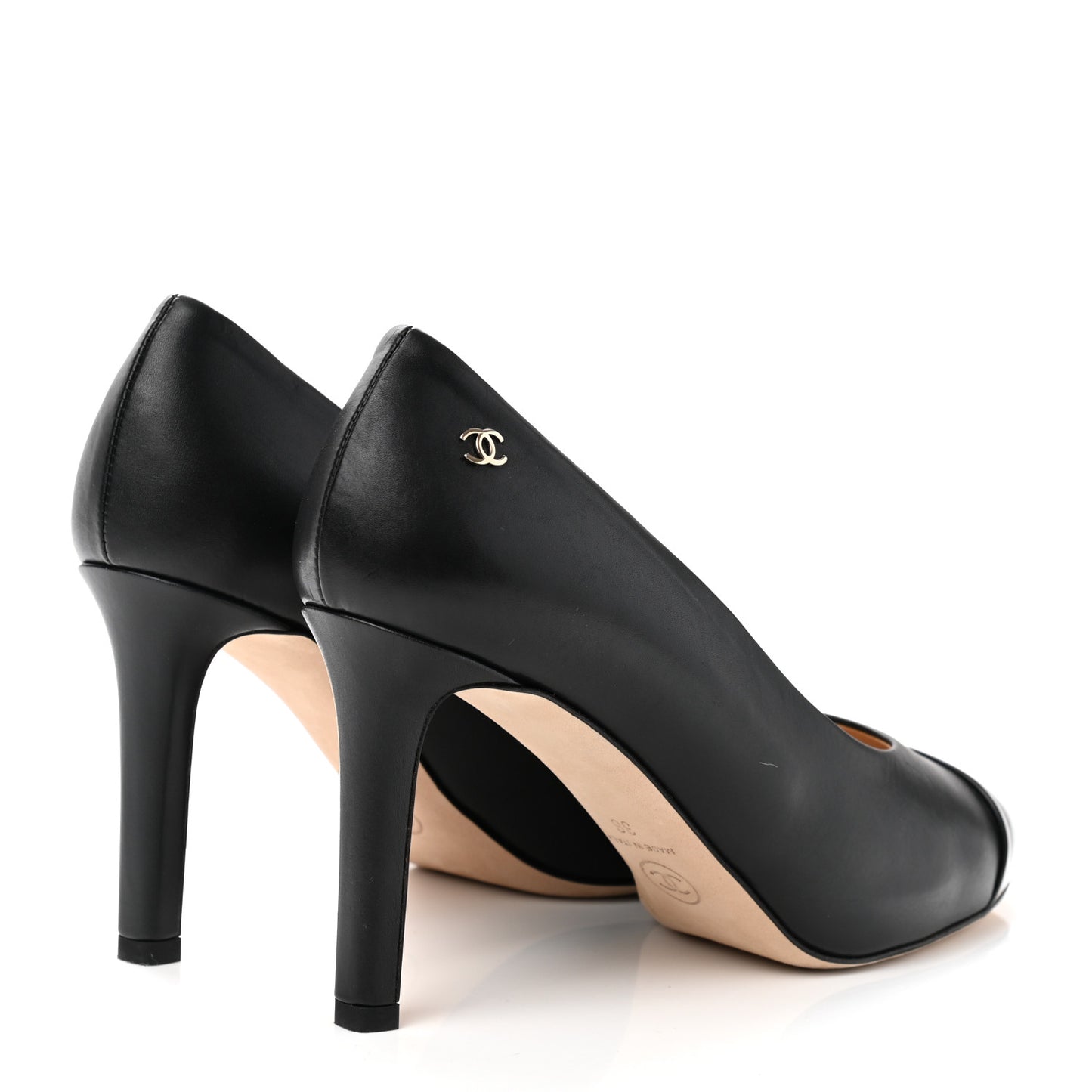 Lambskin Patent Calfskin Cap Toe CC Pumps 36 Black