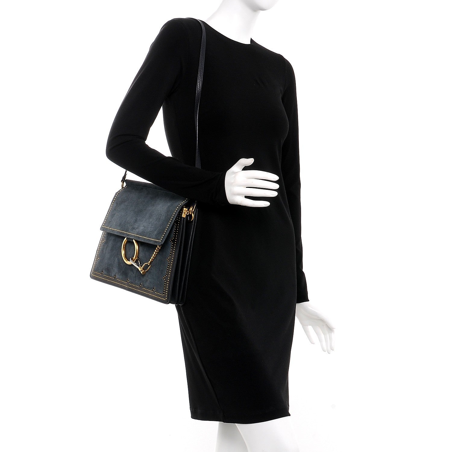 Chloe Calfskin Suede Studded Medium Faye Shoulder Bag Full Blue 2 of 8