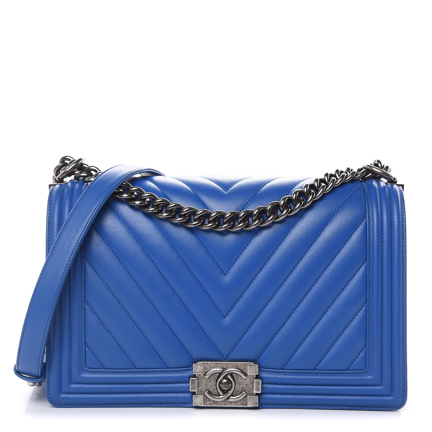 Chanel Calfskin Chevron Quilted New Medium Boy Flap Bright Blue 1 of 15