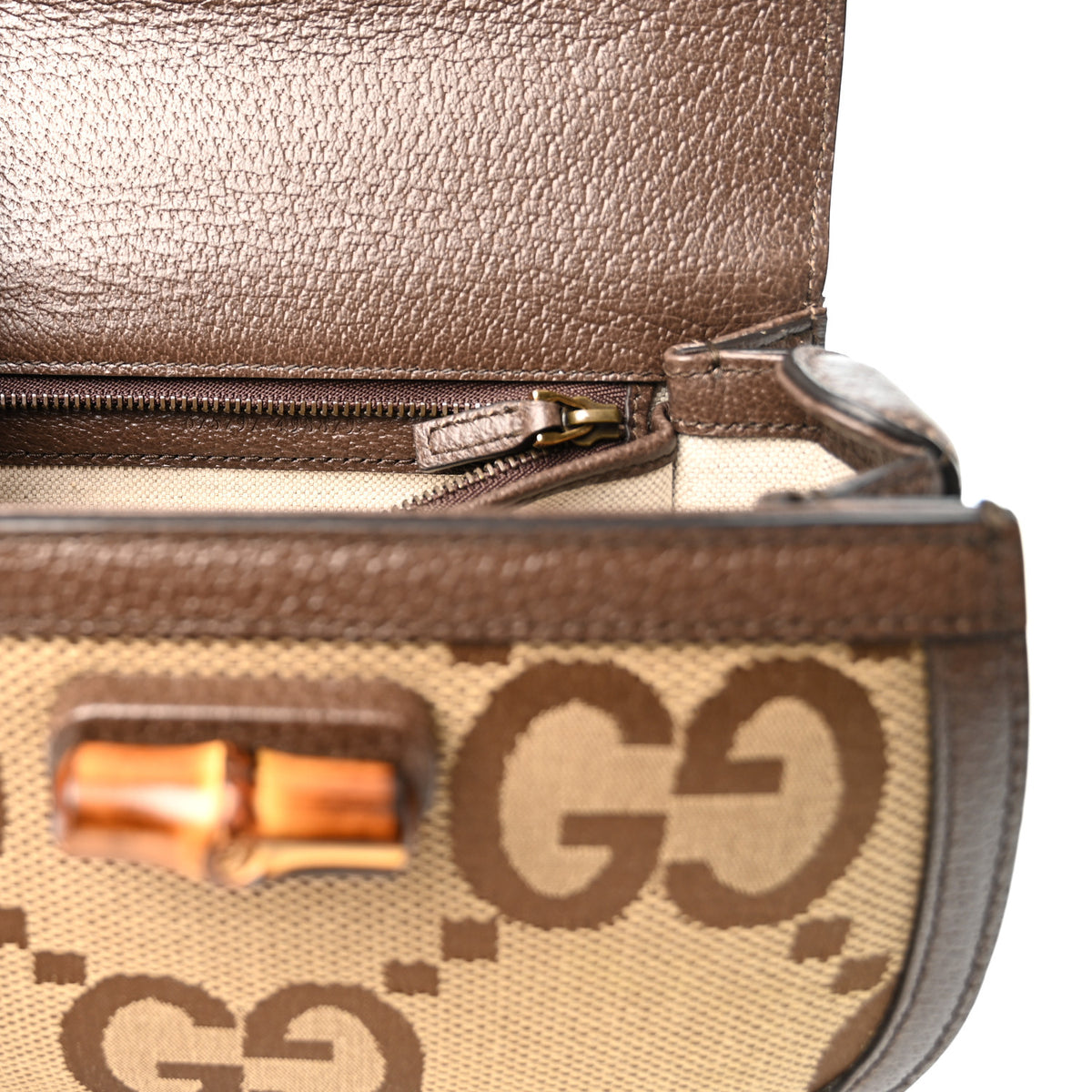 Monogram Jumbo GG Textured Dollar Calfskin Web Small Bamboo 1947 Top Handle Bag Camel Ebony New Acero