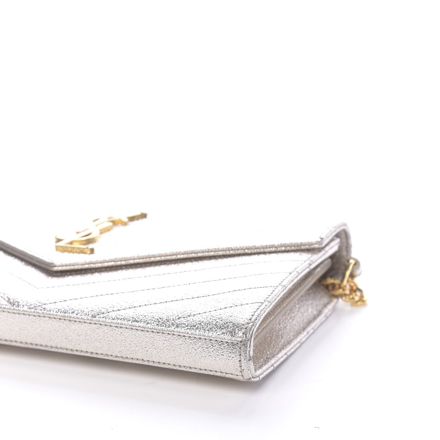 Saint Laurent Metallic Crackled Calfskin Matelasse Chevron Monogram Chain Wallet Platine 9 of 10