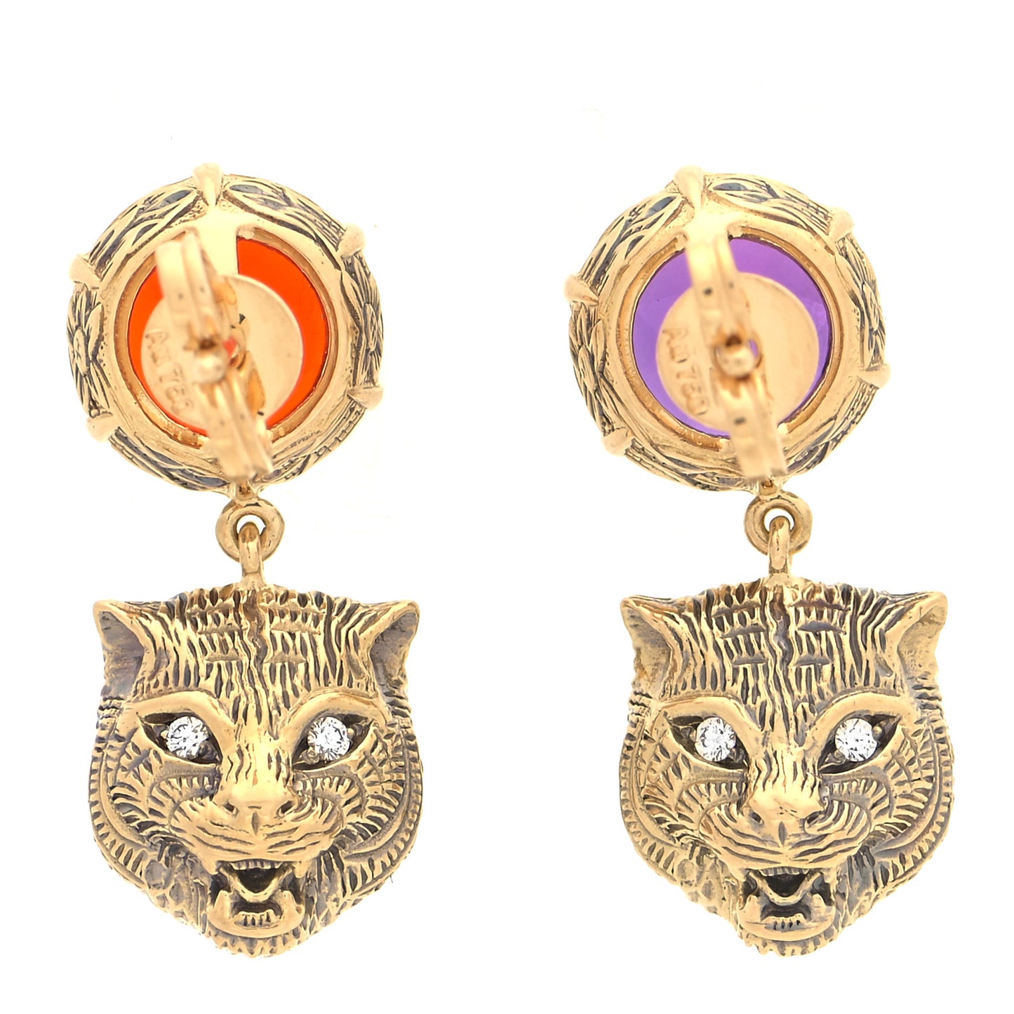 18K Yellow Gold Diamond Amethyst Fire Opal Le Marché des Merveilles Feline Drop Earrings