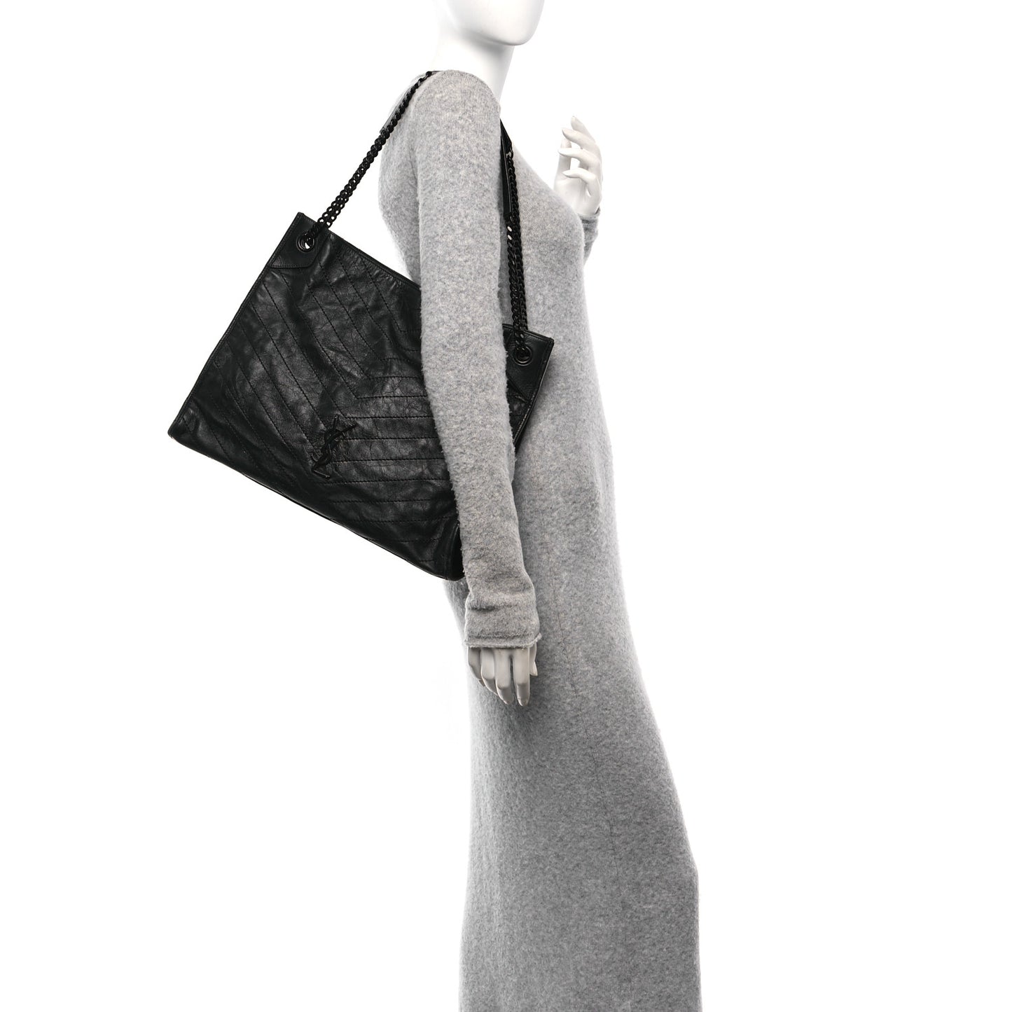 Crinkled Calfskin Matelasse Monogram Large Niki Shopper Tote Black