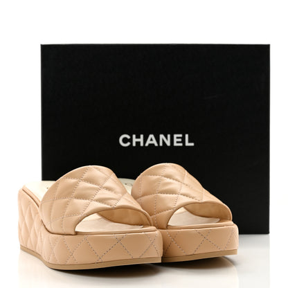 Chanel Lambskin Quilted Camelia CC Wedge Sandal Mules 41 Beige 2 of 9