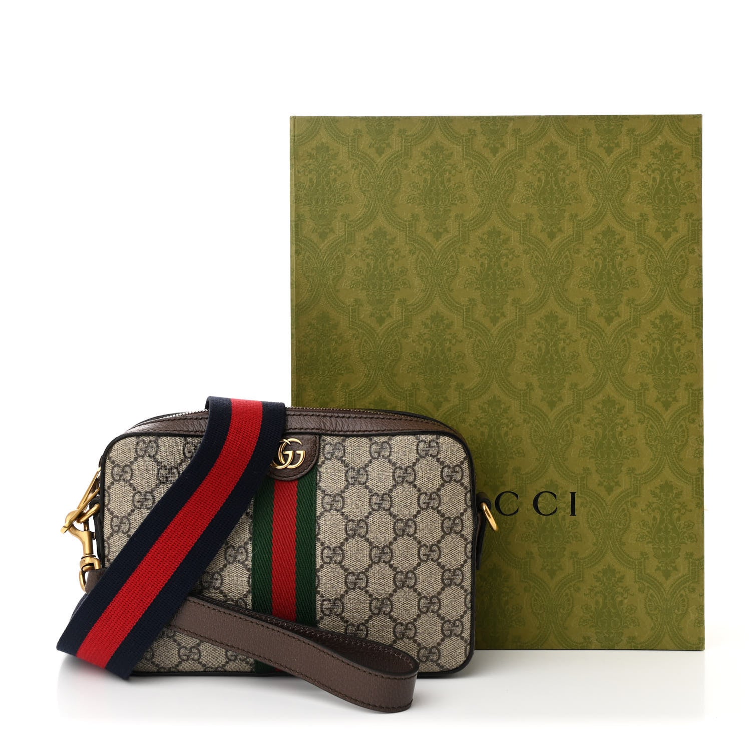 Gucci GG Supreme Monogram Textured Dollar Calfskin Web Ophidia Wristlet Shoulder Bag Beige Ebony New Acero 11 of 11