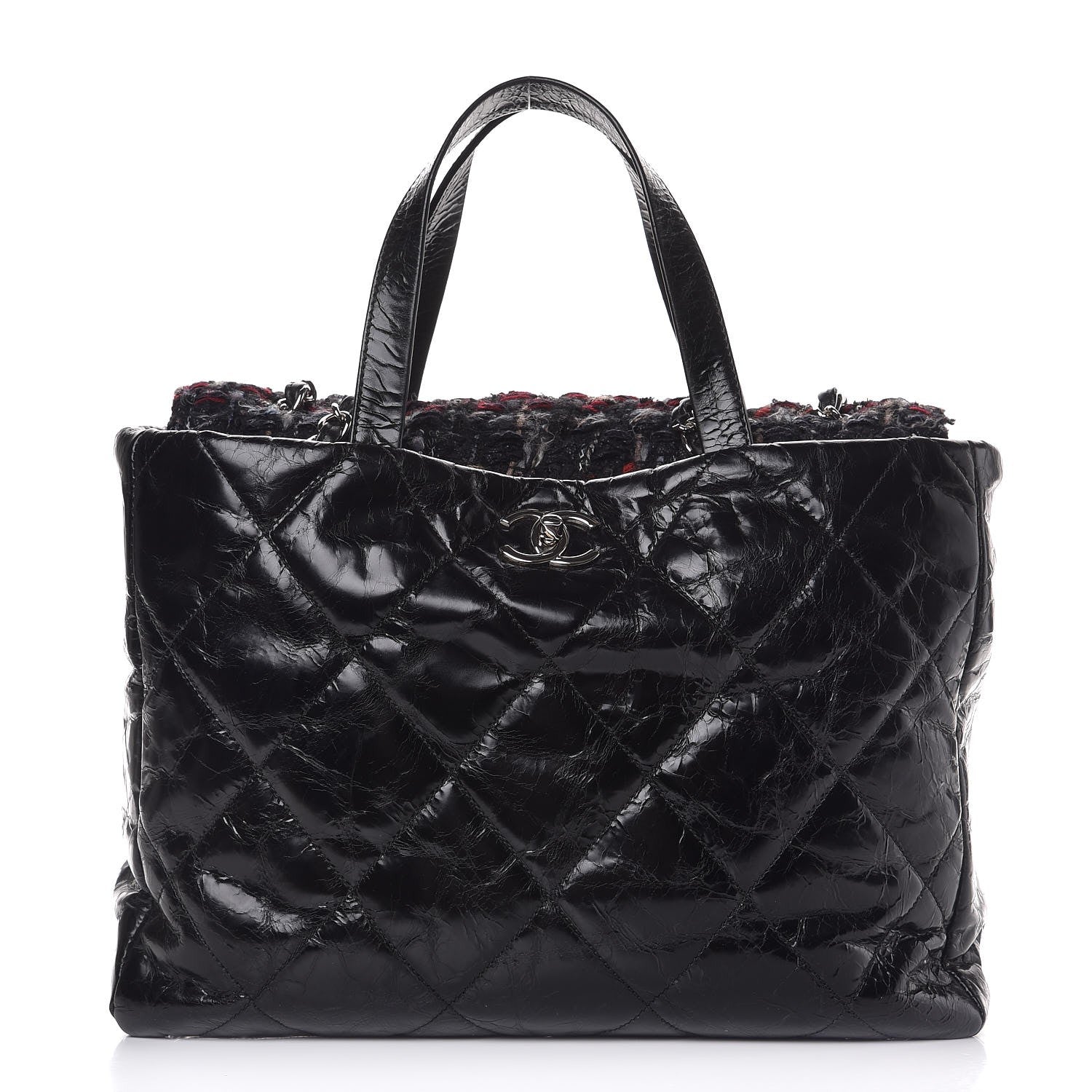 Chanel Glazed Calfskin Quilted Tweed Portobello Tote Black Red 1 of 8