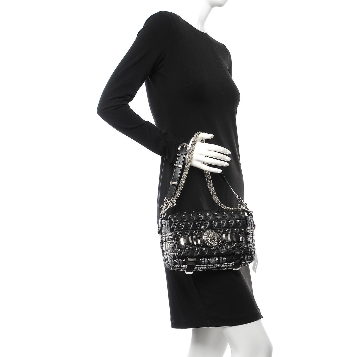 Calfskin Plaid Quilted Studded Shoulder Bag Black