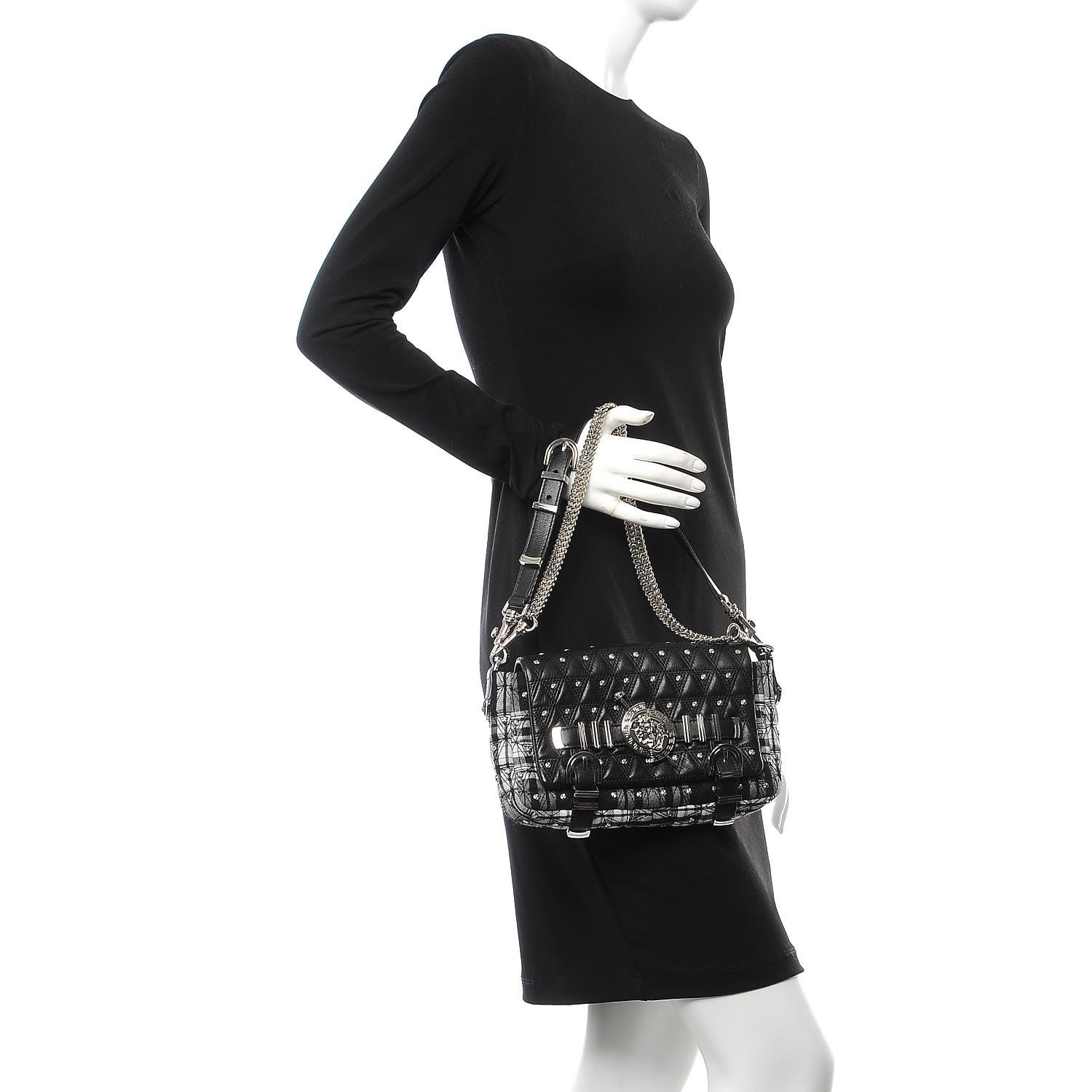 Versace Calfskin Plaid Quilted Studded Shoulder Bag Black 2 of 7