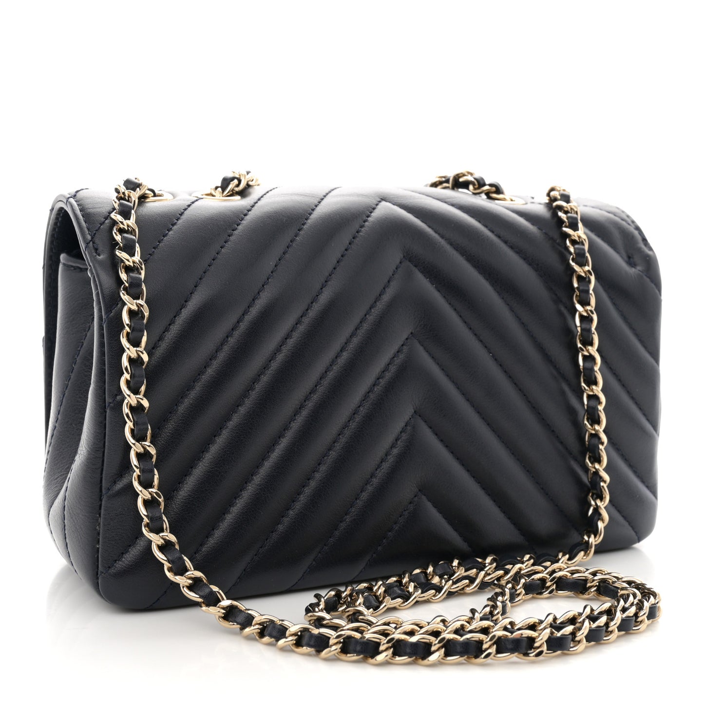 Calfskin Chevron Quilted Mini Statement Flap Navy Blue
