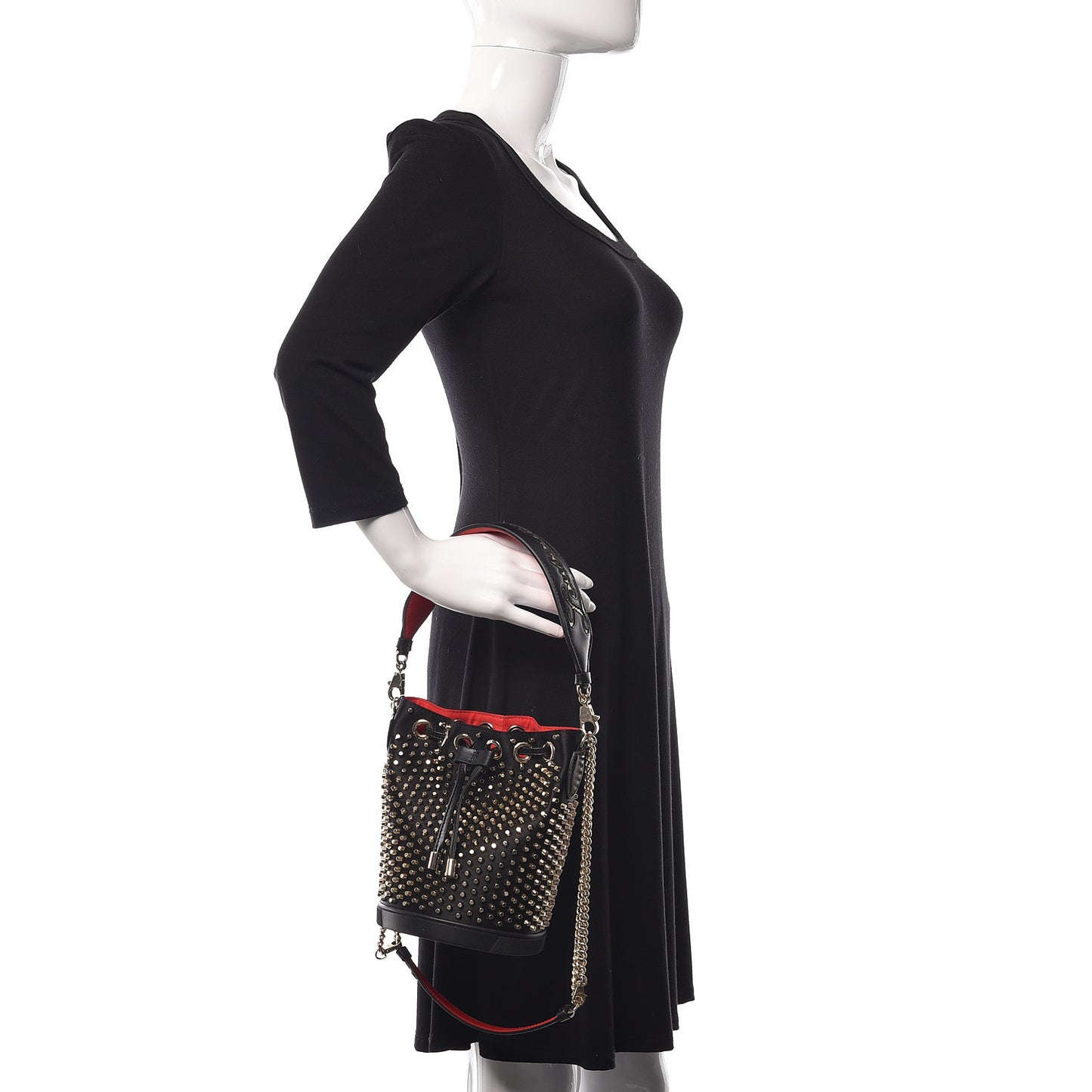 Silk Satin Calfskin Marie Jane Loubirun Studded Bucket Black Gold Platine
