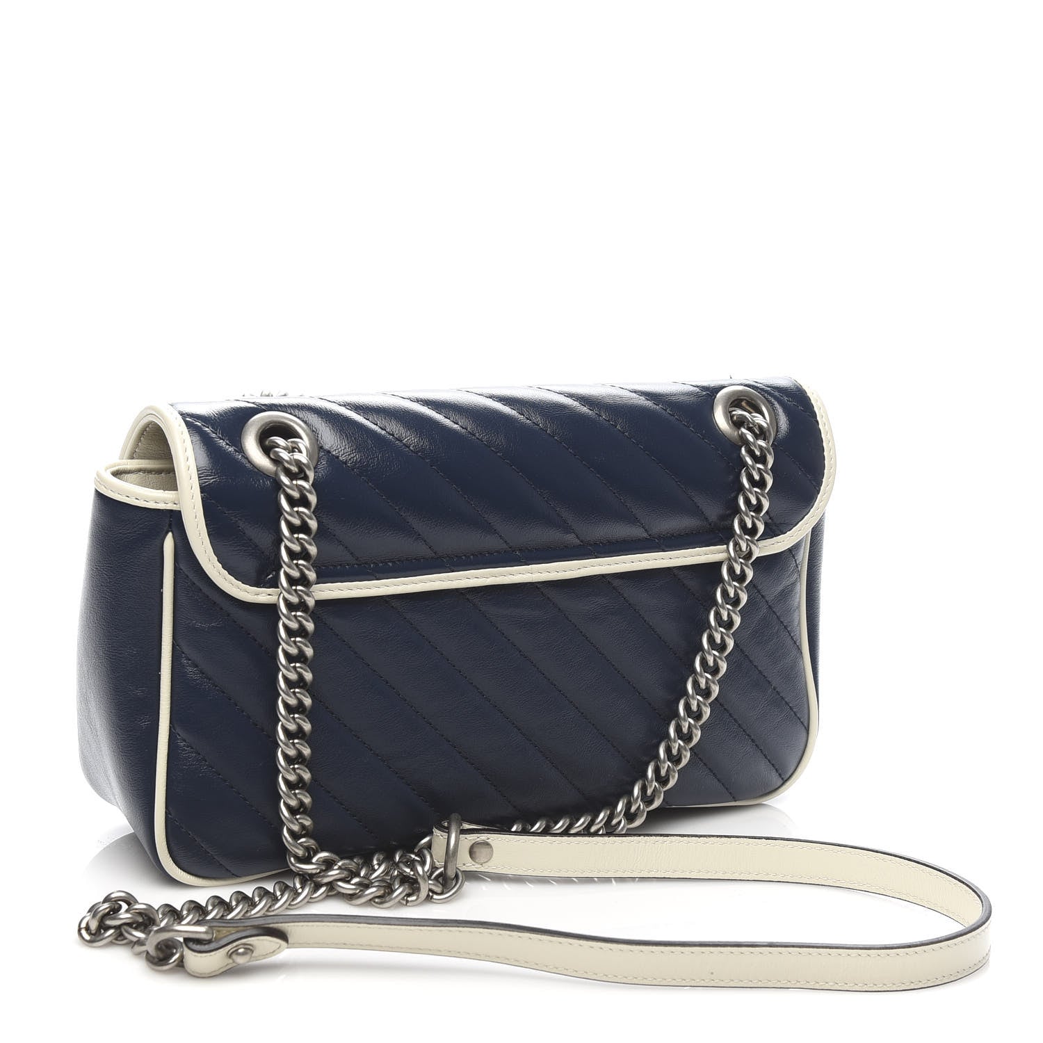 Gucci Vintage Effect Calfskin Matelasse Diagonal Small Torchon GG Marmont Shoulder Bag Blue Agata Mystic White 3 of 10