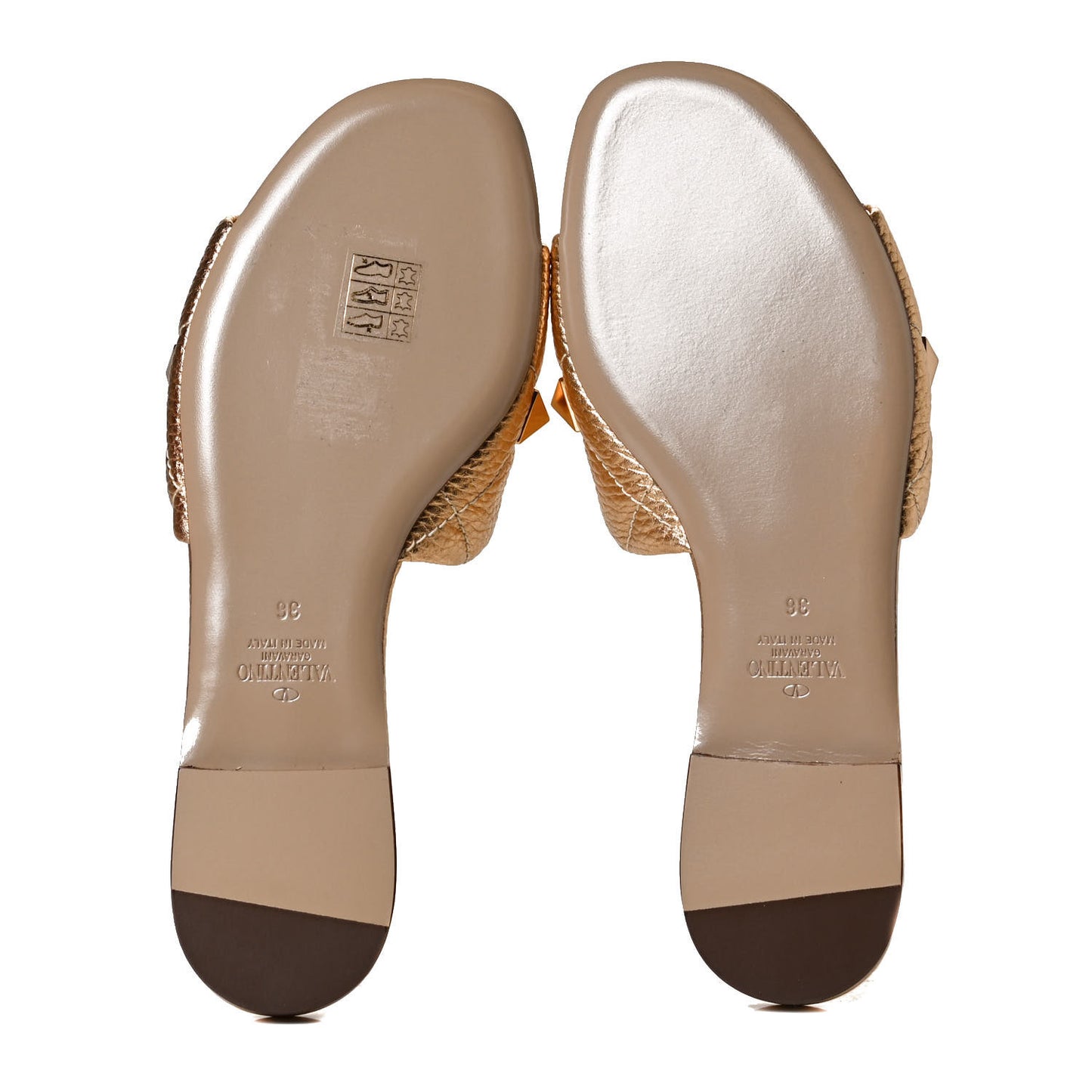 Metallic Pebbled Calfskin Roman Stud Flat Slide Sandals 36 Antique Brass