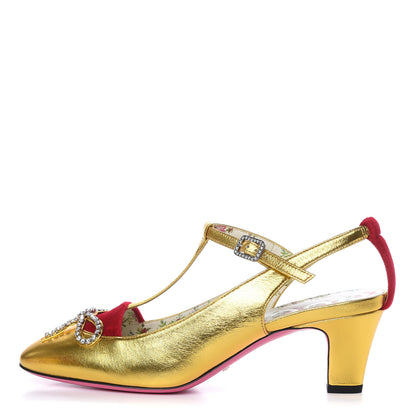 Gucci Metallic Nappa Velvet Crystal Bow Anita Pumps 38 Oro Hibiscus Red 1 of 8