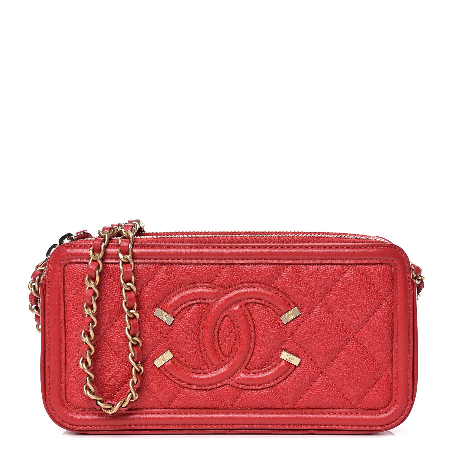 Caviar Quilted CC Filigree Clutch With Chain Red