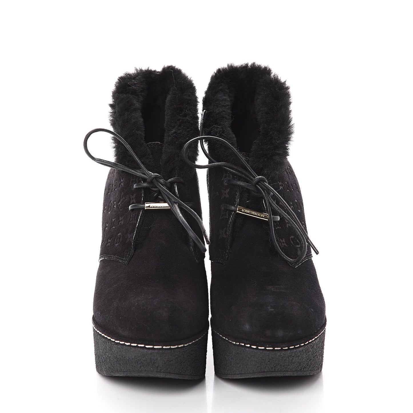 Suede Embossed Monogram Frosty Wedge Low Boots 37 Black