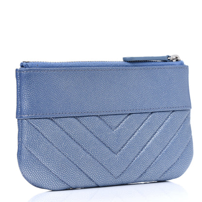Chanel Metallic Caviar Chevron Quilted Small Vintage Mademoiselle Cosmetic Case Blue 2 of 4