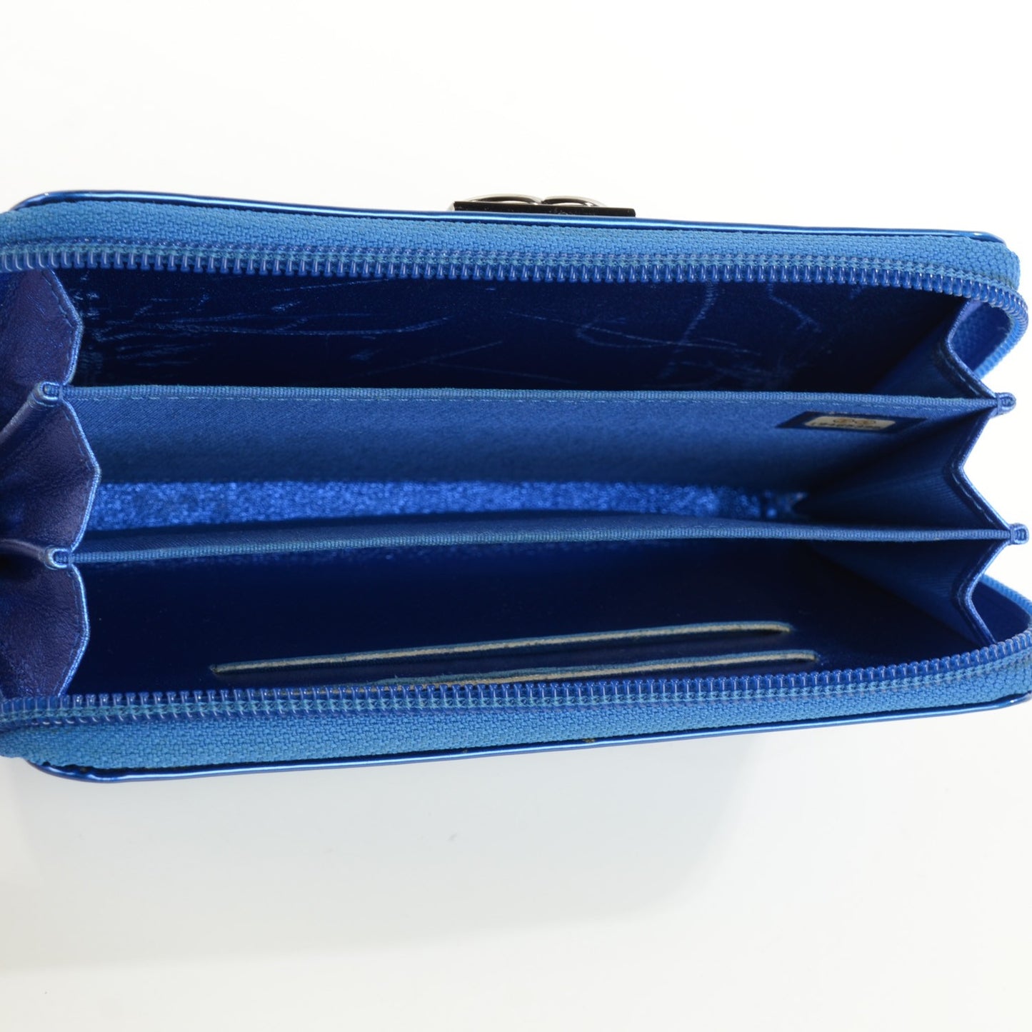 Metallic Patent Quilted Boy Zip Around Wallet Blue