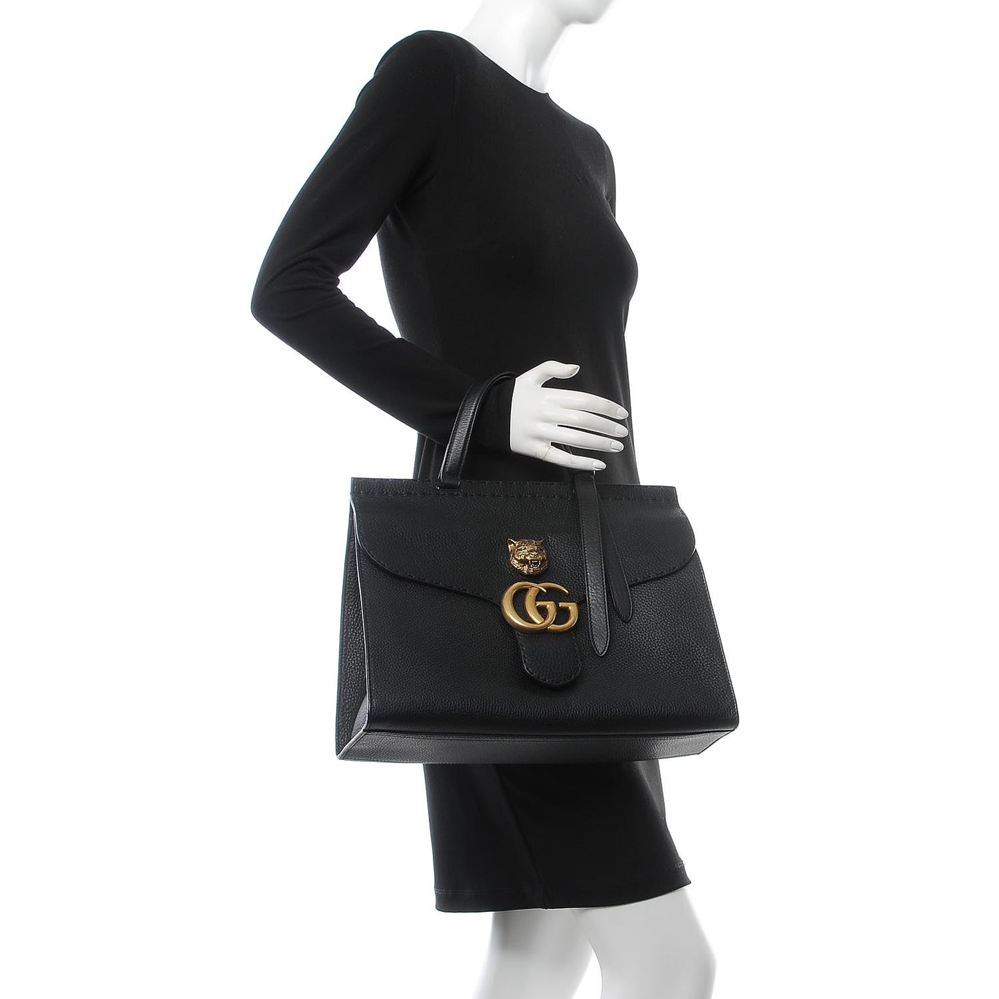 Calfskin Feline Medium GG Marmont Top Handle Bag Black