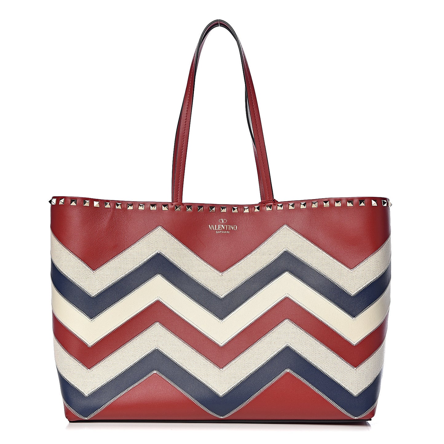 Calfskin Canvas Chevron Inlay Rockstud Shoulder Tote Red White Blue
