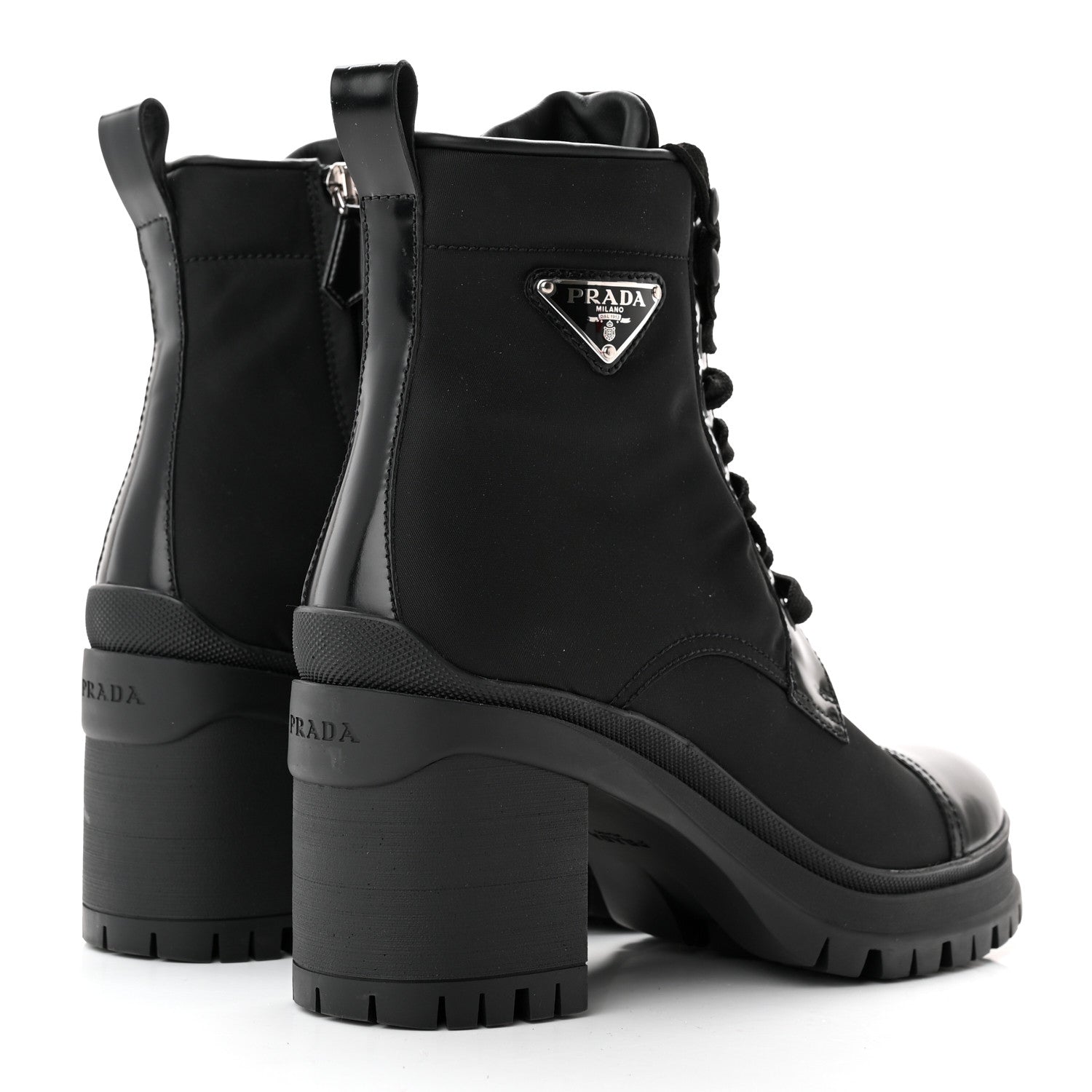 Prada Spazzolato Re-Nylon Metal Triangle Logo Lace Up 55mm Ankle Boots 39.5 Black 4 of 13