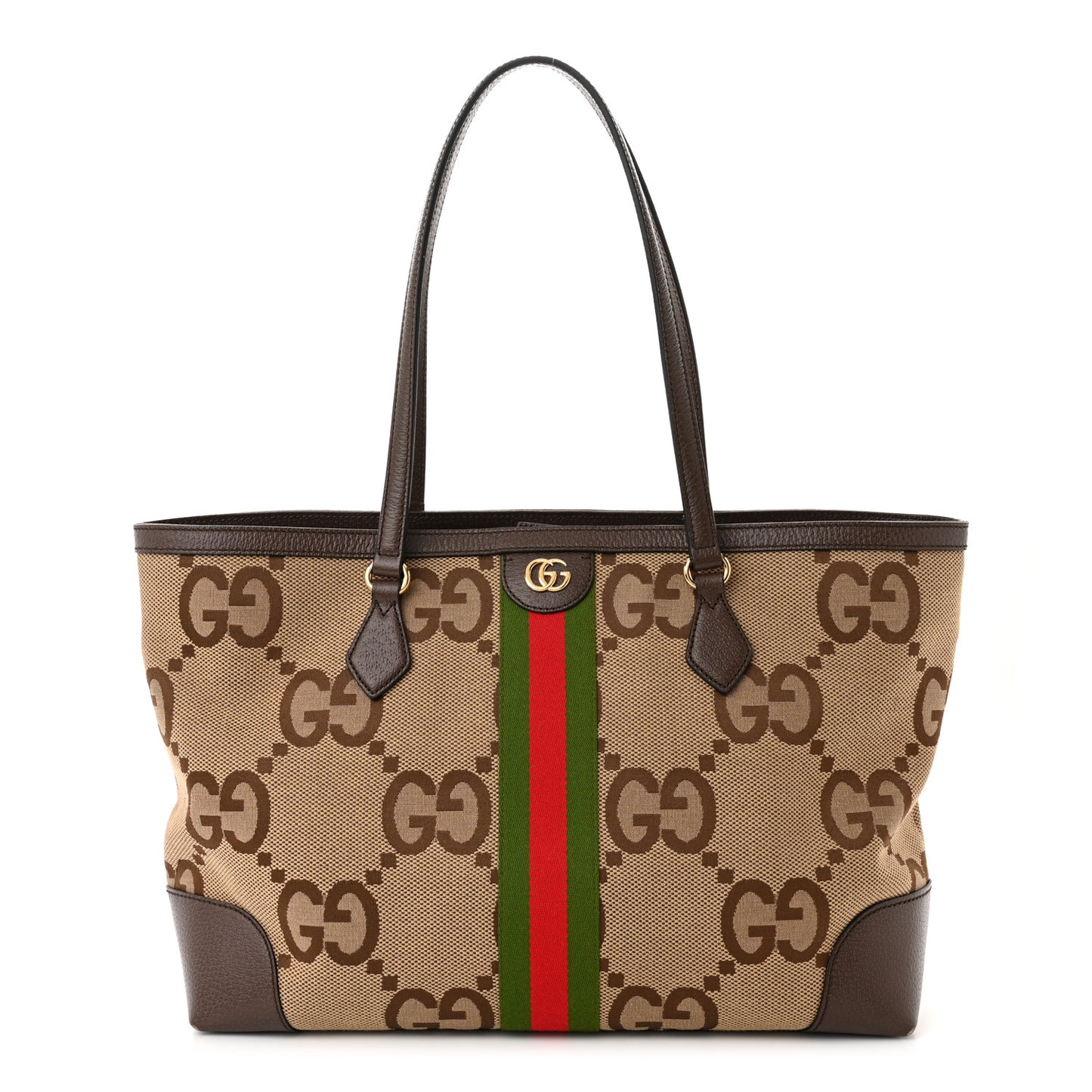 Monogram Jumbo GG Textured Dollar Calfskin Web Medium Ophidia Shopping Tote Camel Ebony
