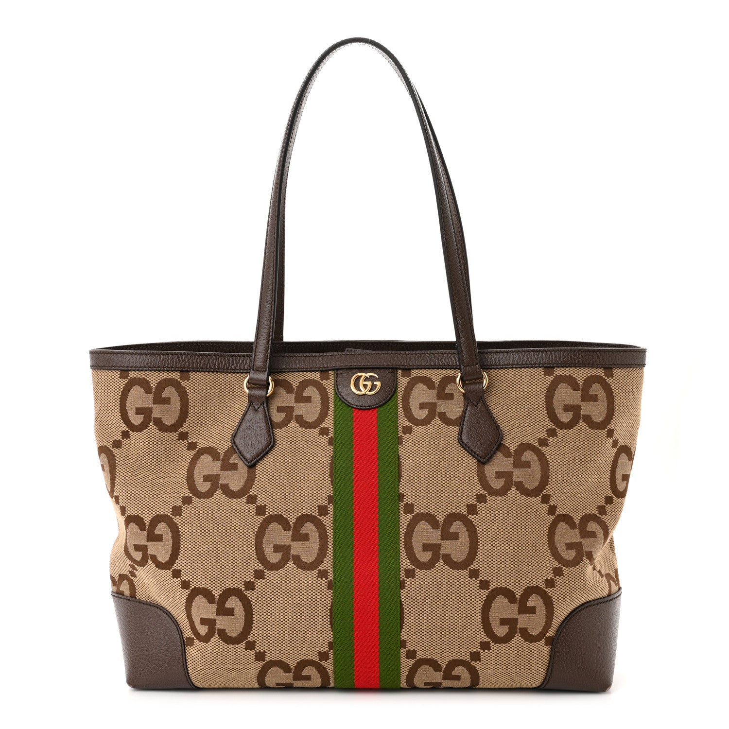 Gucci Monogram Jumbo GG Textured Dollar Calfskin Web Medium Ophidia Shopping Tote Camel Ebony 1 of 12