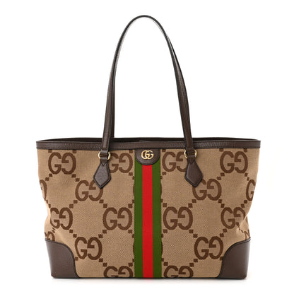 Gucci Monogram Jumbo GG Textured Dollar Calfskin Web Medium Ophidia Shopping Tote Camel Ebony 1 of 12