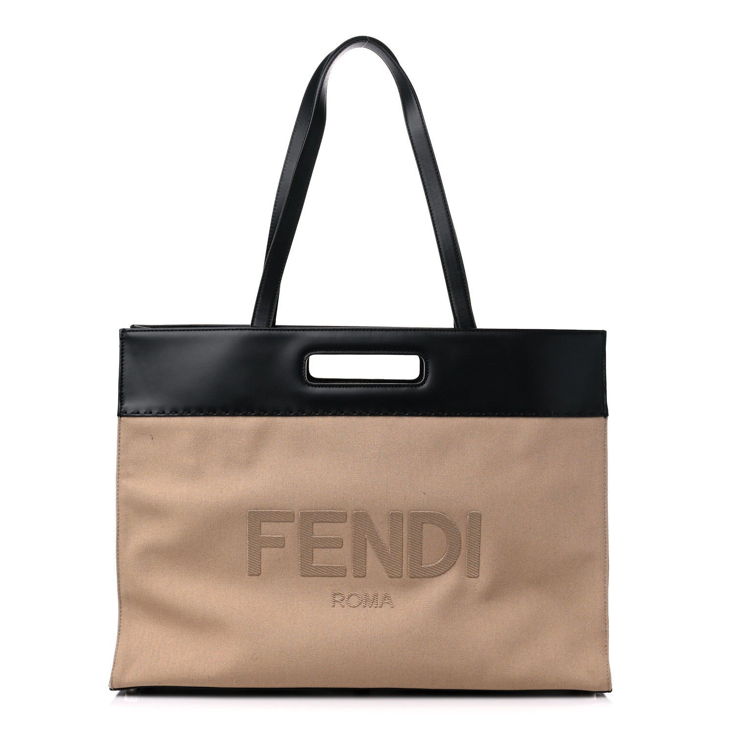 Fendi Canvas Vitello King Logo Embroidered East West Shopper Tote Sand Black 1 of 20