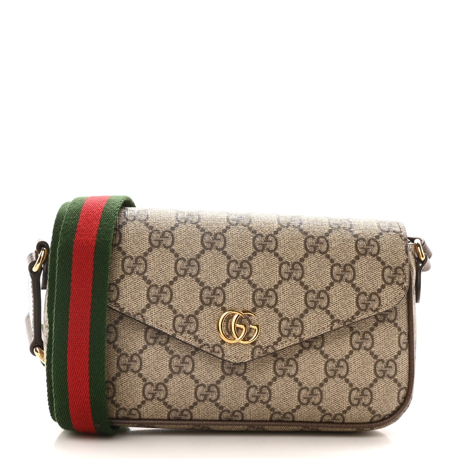 Gucci GG Supreme Monogram Textured Dollar Calfskin Web Mini Ophidia Envelope Shoulder Bag Beige Ebony New Acero 1 of 9