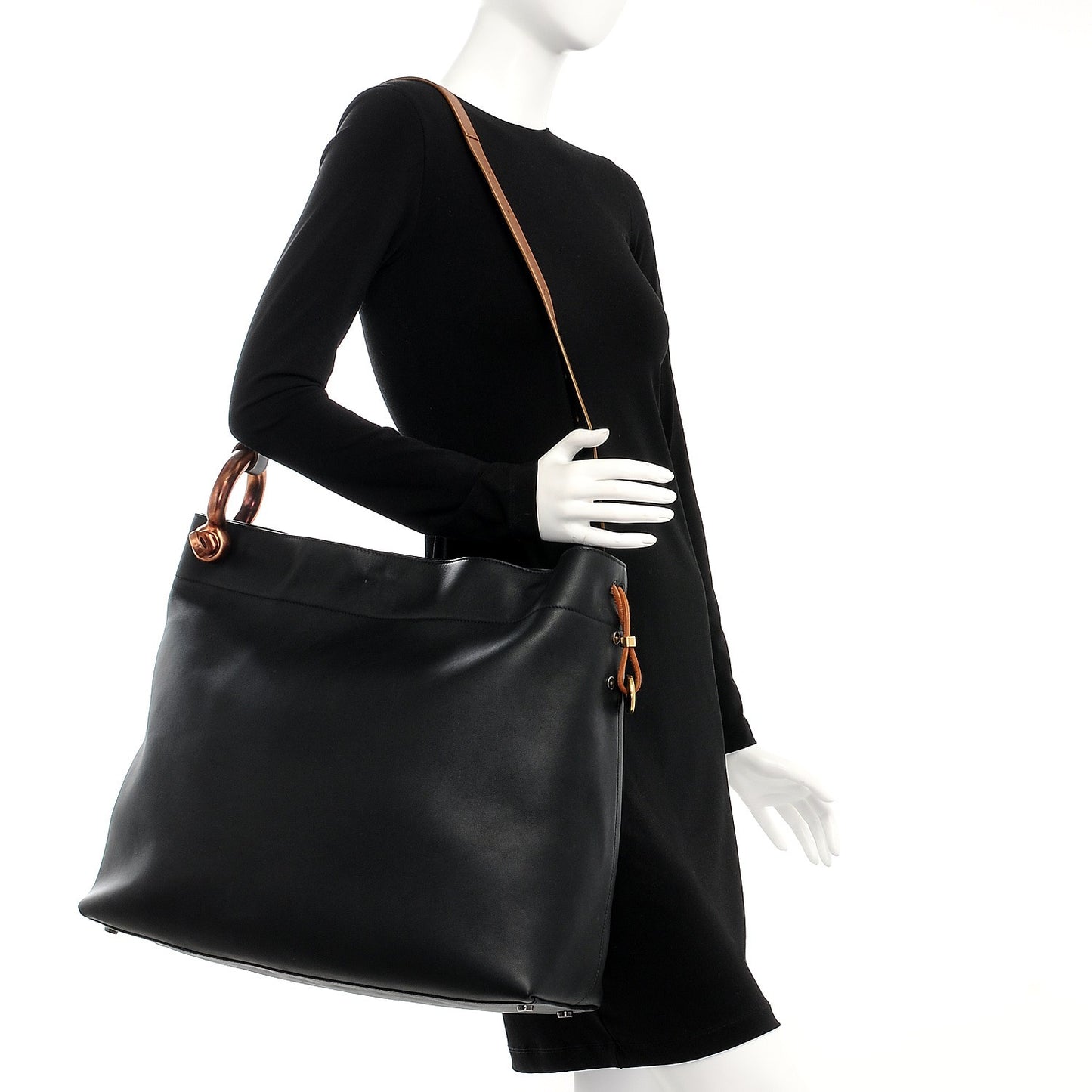 Calfskin Fisherman Hook Drawstring Hobo Bag Black
