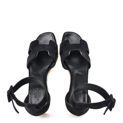 Hermes Goatskin Elda Espadrille Wedge Sandals 37 Black 2 of 10