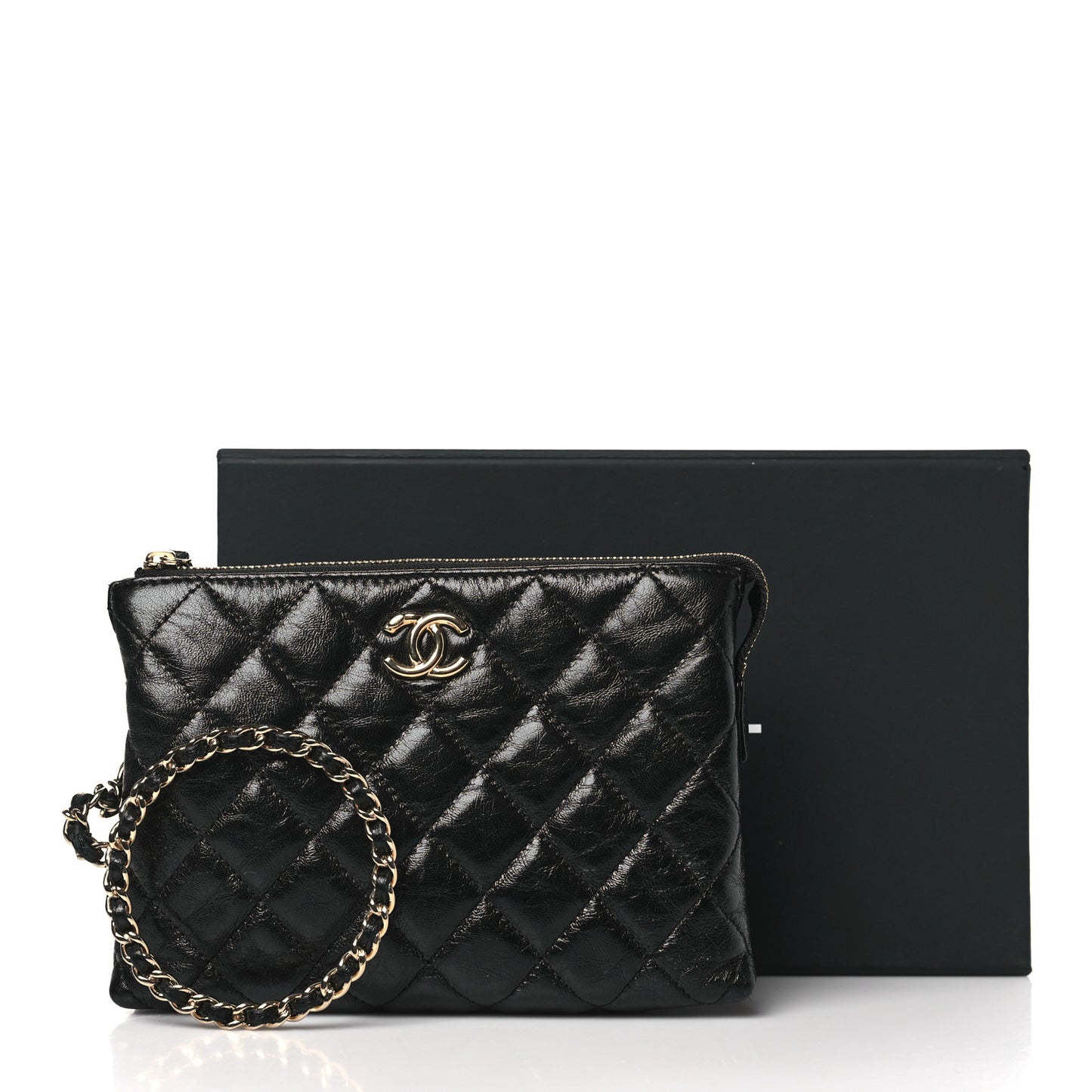Shiny Crumpled Calfskin Quilted Clutch Bag Black