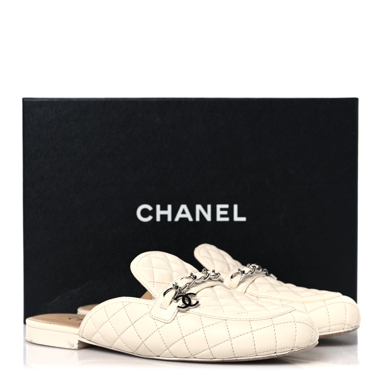 Chanel Lambskin Quilted Chain CC Mules 38 White 10 of 10