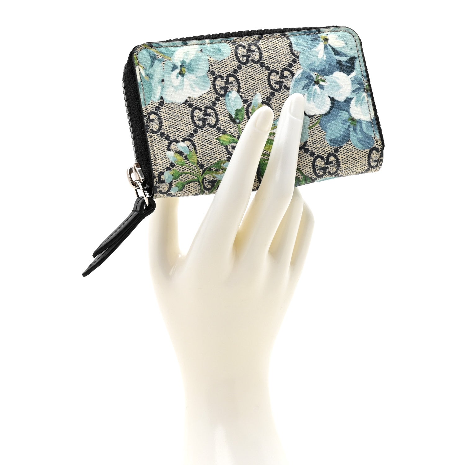 Gucci GG Supreme Monogram Blooms Zip Around Card Case Wallet Beige Blue Navy 2 of 8