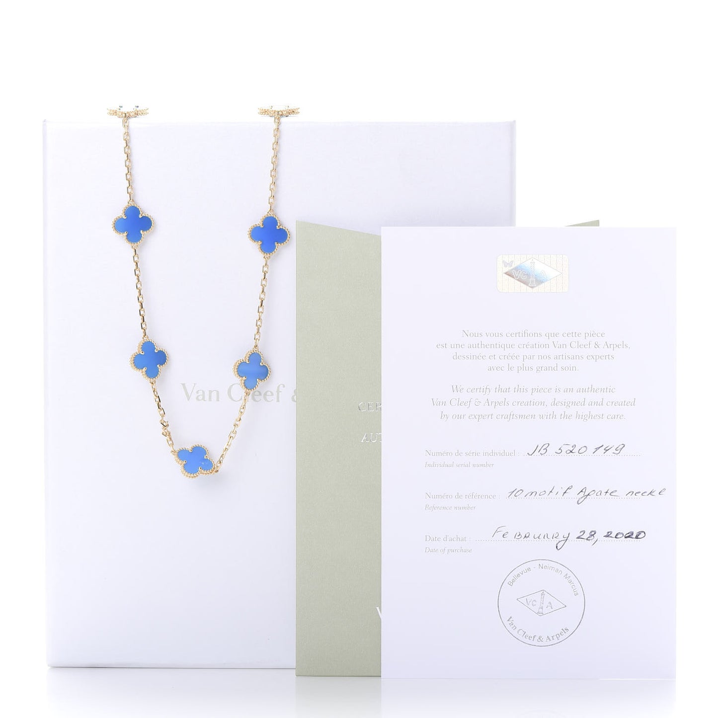 18K Yellow Gold Blue Agate 10 Motifs Vintage Alhambra Necklace