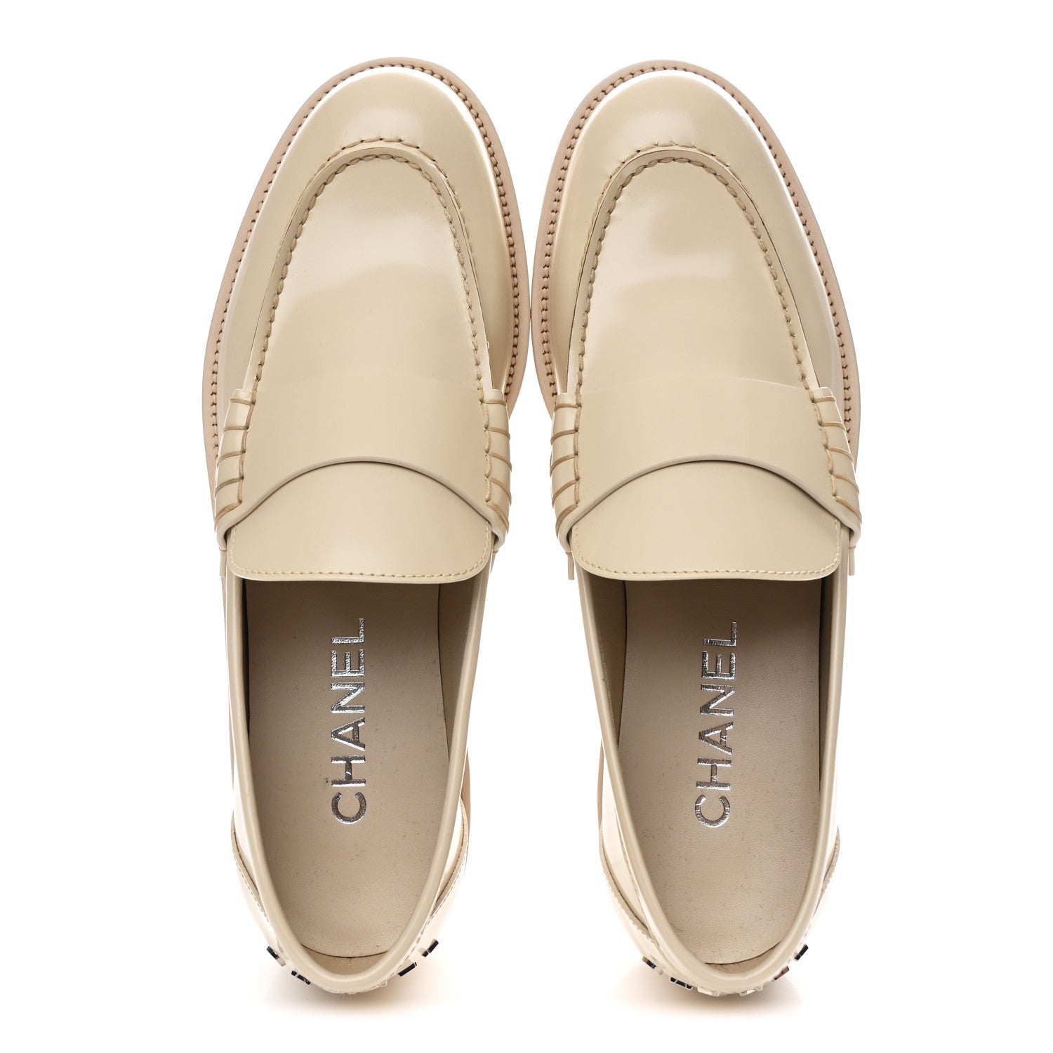Chanel Shiny Calfskin Logo Loafers 39.5 Beige 2 of 11