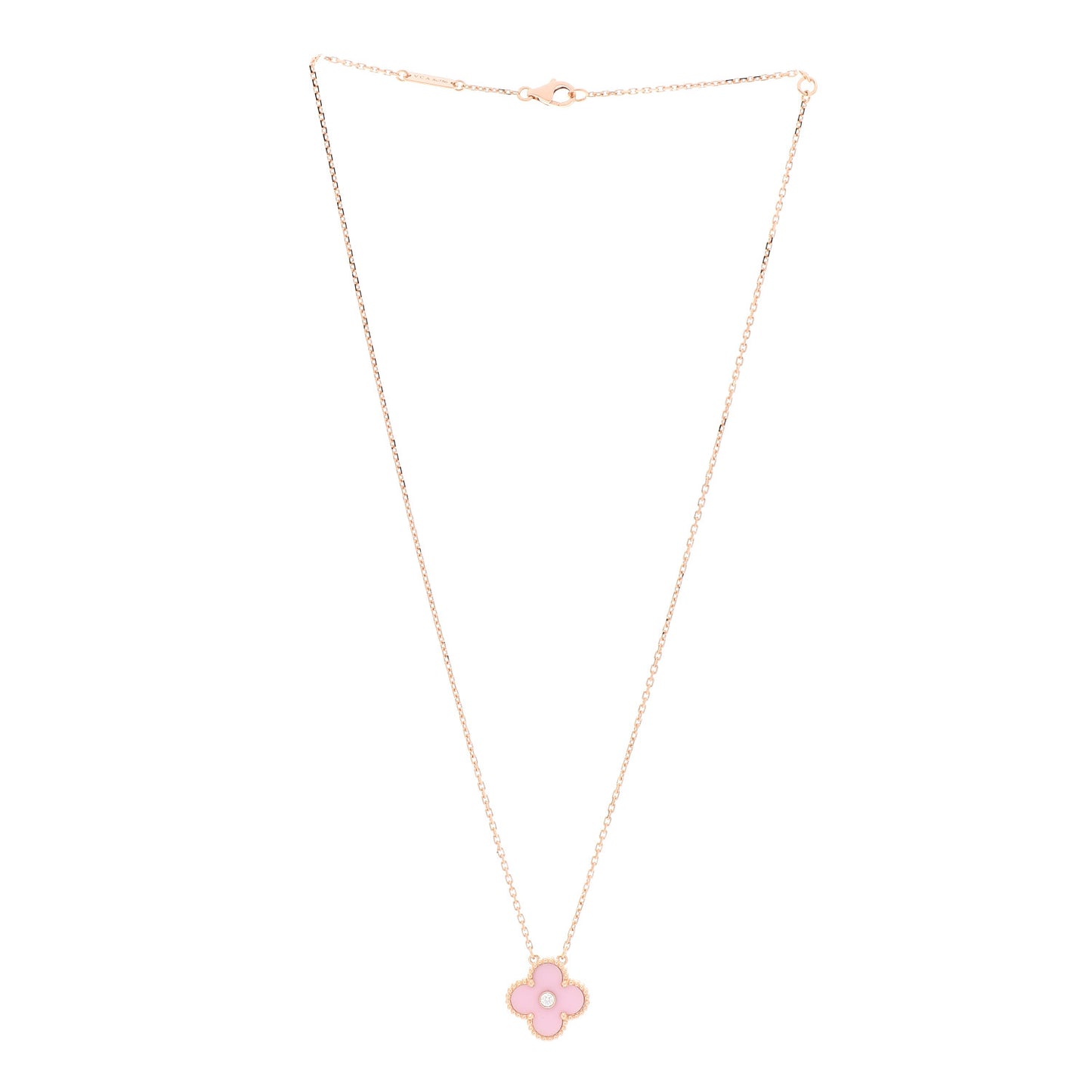 18K Rose Gold Diamond Pink Porcelain Vintage Alhambra Pendant Necklace