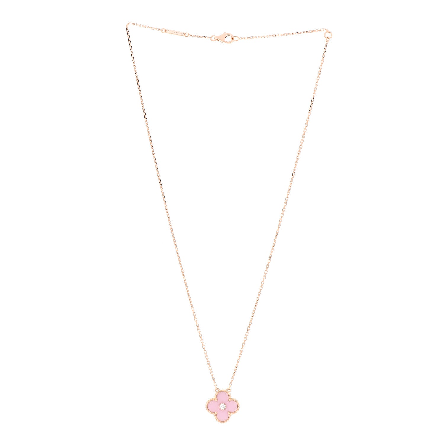 Van Cleef & Arpels 18K Rose Gold Diamond Pink Porcelain Vintage Alhambra Pendant Necklace 3 of 6