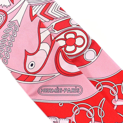 Hermes Silk Folklore Fringed Twilly Rose Rouge White 3 of 5
