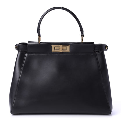 Fendi Vitello Morgan Fabric Jacquard Pequin Medium Peekaboo Iconic Satchel Black Tobacco 1 of 12