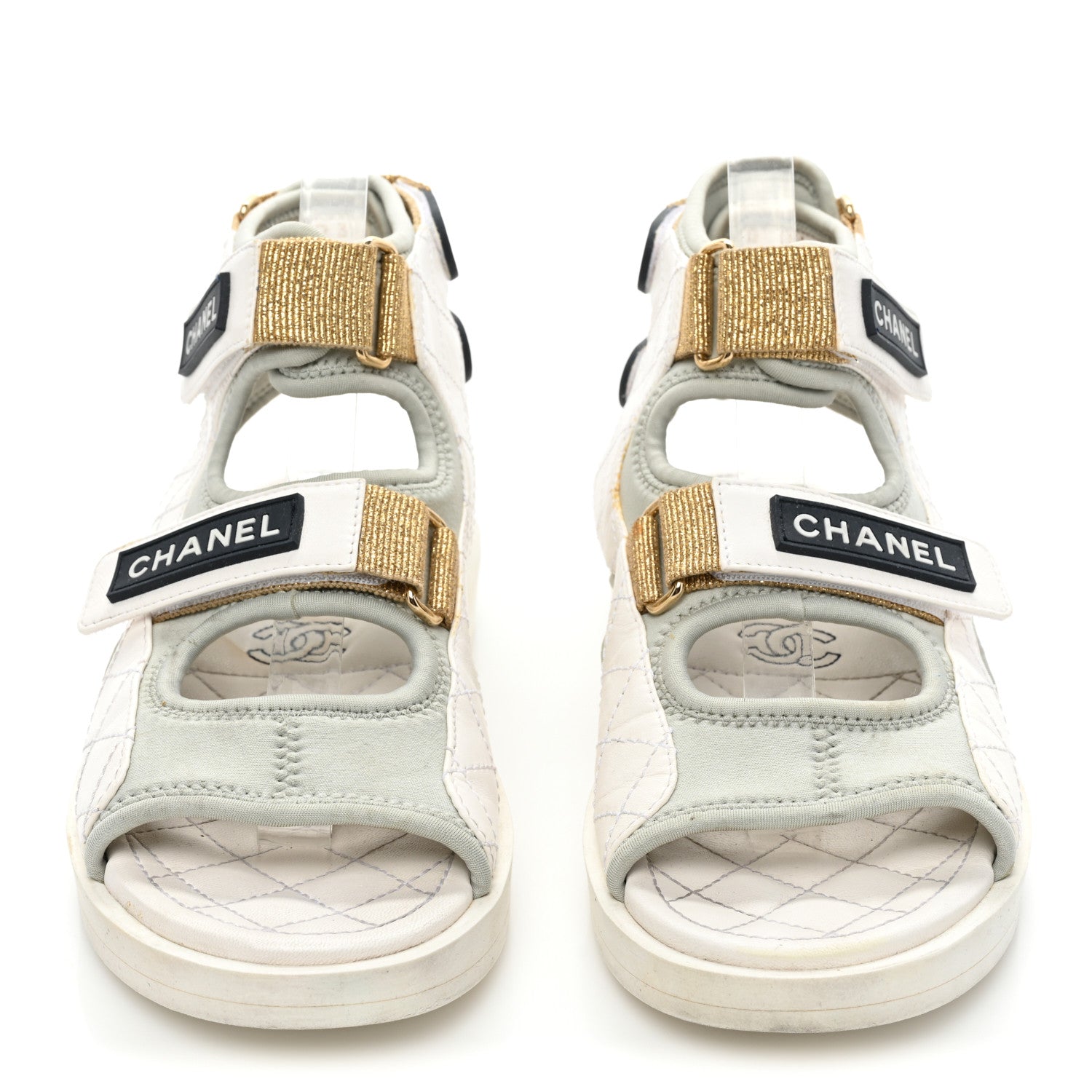 Chanel Goatskin Fabric Gladiator Sandals 36.5 White Light Grey Navy Blue 2 of 14