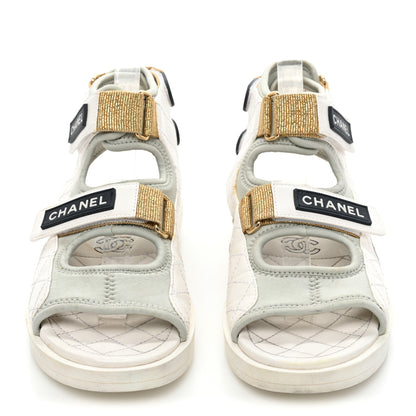 Chanel Goatskin Fabric Gladiator Sandals 36.5 White Light Grey Navy Blue 2 of 14