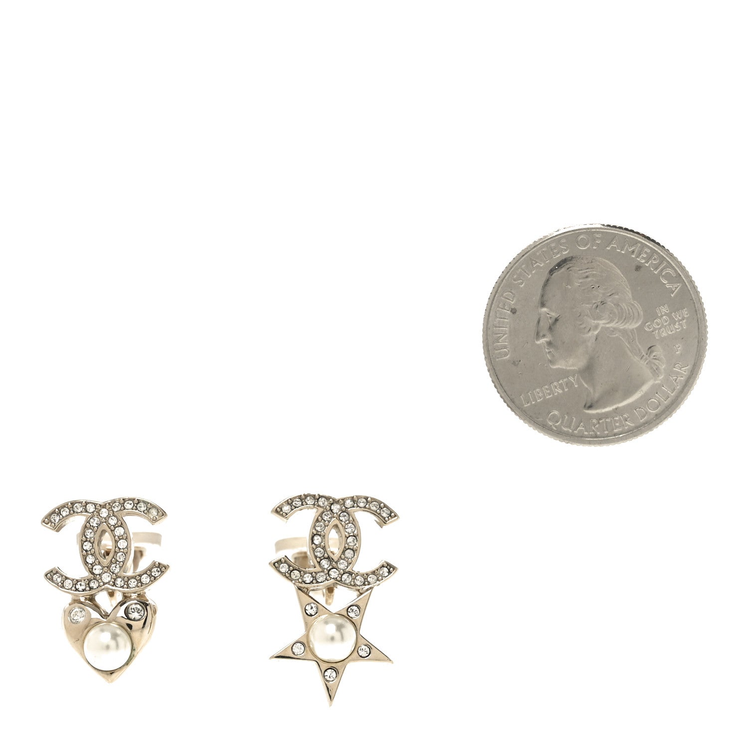Chanel Crystal Pearl Charming Winter CC Star Heart Clip On Earrings Gold 2 of 4