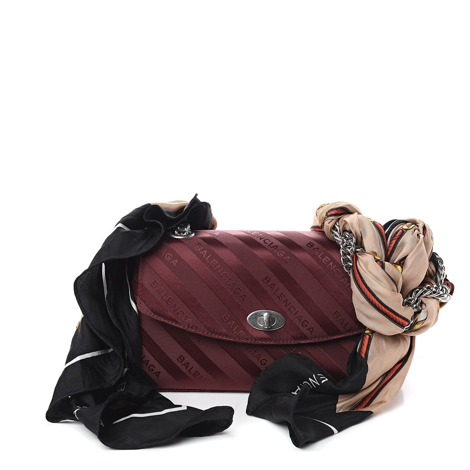 Balenciaga Nylon Jacquard Diagonal Logo Small Scarf Lock Chain Shoulder Bag Rouge Bordeaux Black Beige 1 of 10