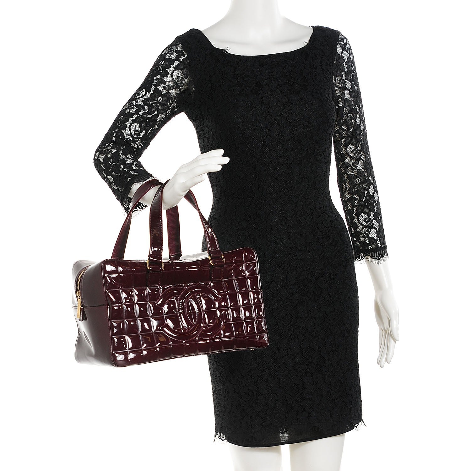 Chanel Patent Quilted Chocolate Bar Bowler Burgundy 2 of 8
