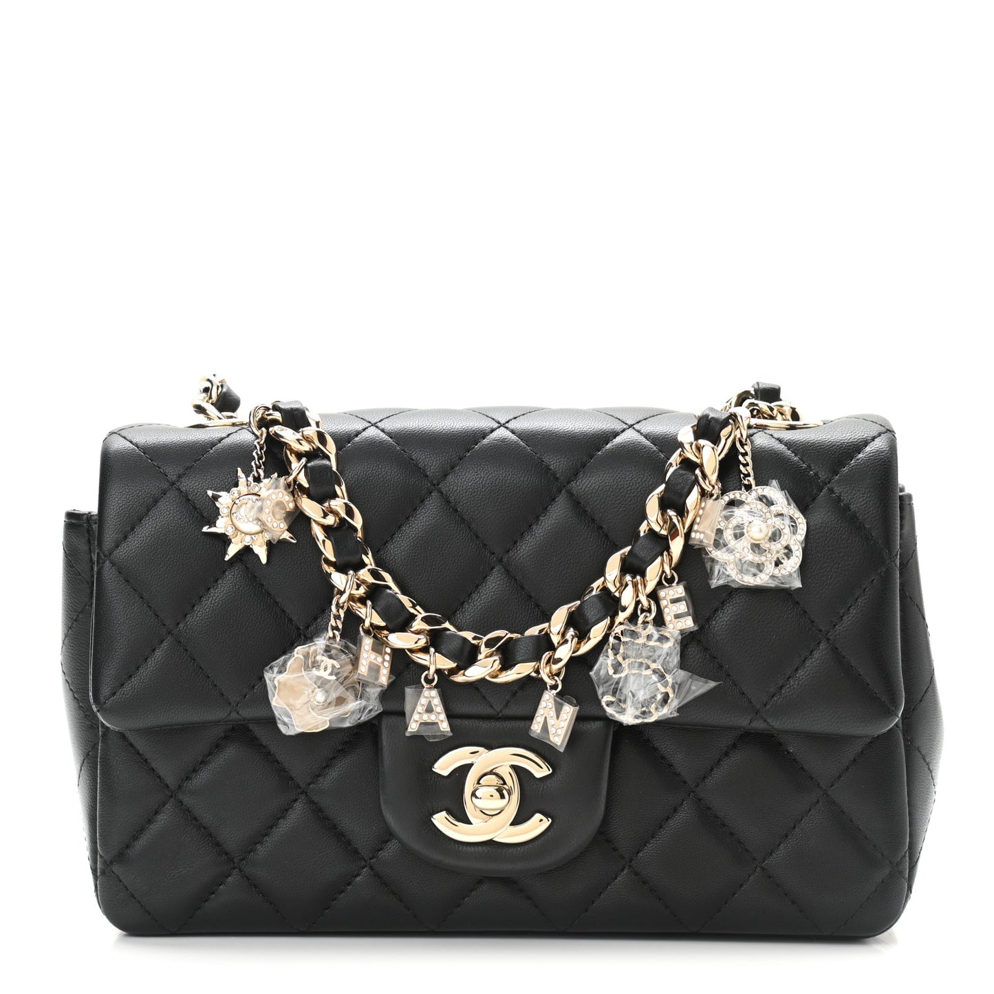 Lambskin Quilted Mini Coco Charms Rectangular Flap Black