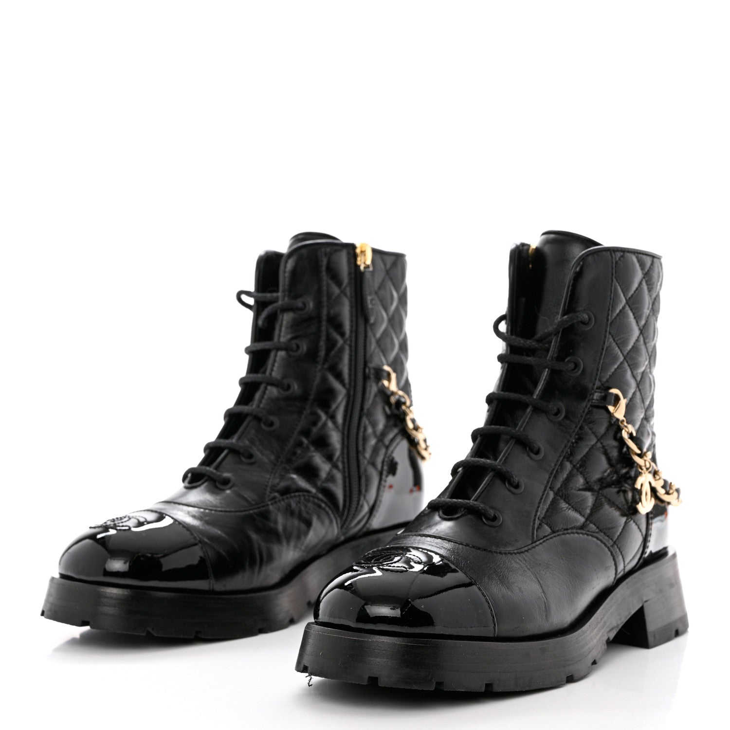 Chanel Shiny Calfskin Patent Quilted Chain Lace Up Combat Boots 38.5 Black 3 of 11